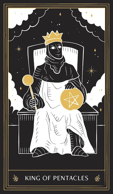 Vektor könig der pentagramme tarotkarte in minor arcana mit schwarzgoldenem und weißem handgezeichnetem vektordoodle