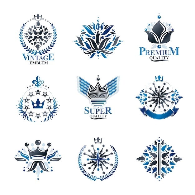 Königliche Symbole, Blumen, Blumen und Kronen, Embleme. Sammlung heraldischer Vektordesign-Elemente. Etikett im Retro-Stil, Heraldik-Logo.