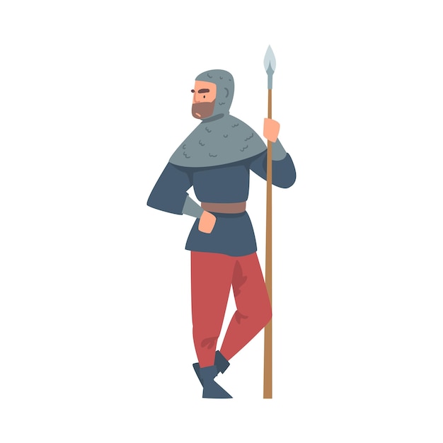 Königlicher Wächter oder Ritter in Mailarmour steht mit scharfer Speer Vektor-Illustration