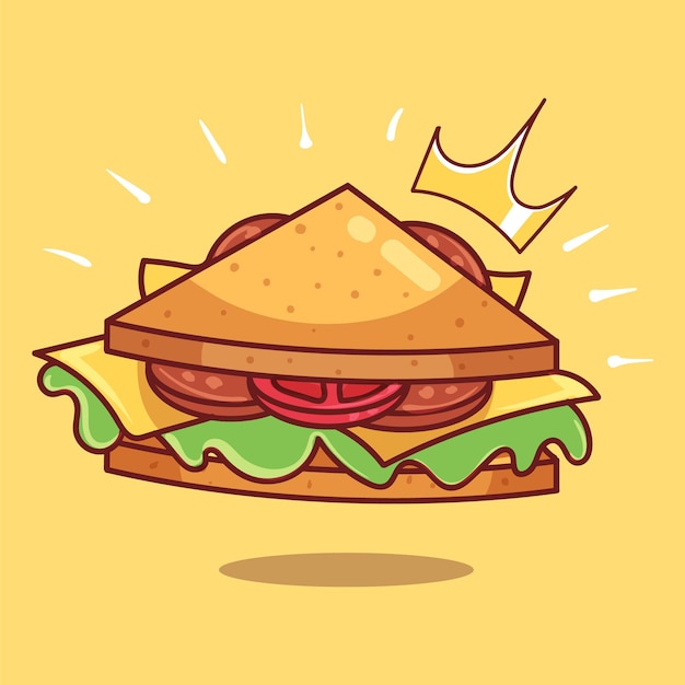 Vektor königliches dreieckiges sandwich mit wurst langem quadratischem speck-sandwich-cartoon-stil