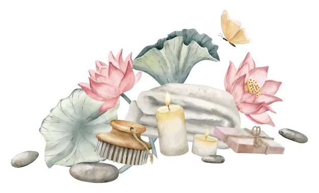 Vektor körperpflegeprodukte und lotusblumen auf weißem, isoliertem hintergrund. handgezeichnete aquarell-illustration von spa-kosmetik mit handtuch und massagebürste für symbol oder logo. zeichnung der hautpflege-komposition