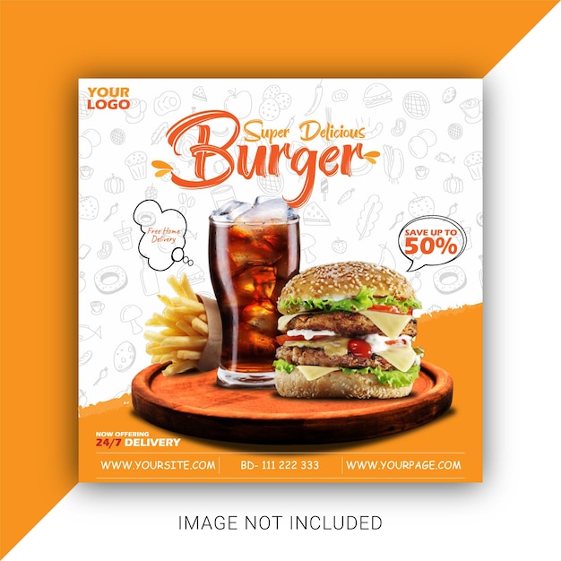 Köstliche burger- und lebensmittelmenü-social-media-promotion-quadrat-banner-vorlage