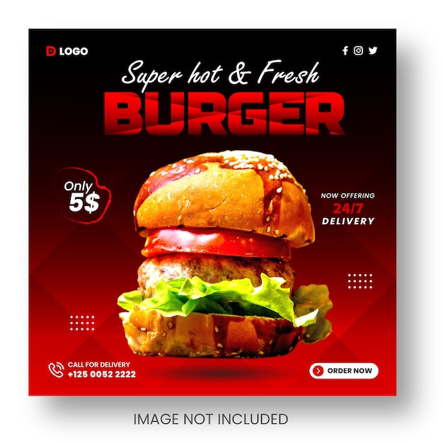 Köstliche burger- und speisemenü-werbe-restaurant-social-media- oder instagram-post-banner