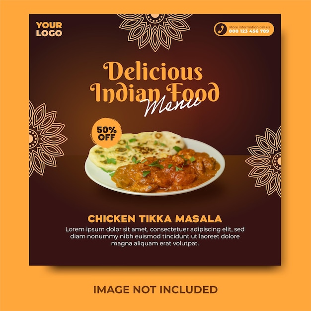 Köstliche indische Speisekarte und Chicken Tikka Masala Social Media Post und Web-Banner-Vorlage