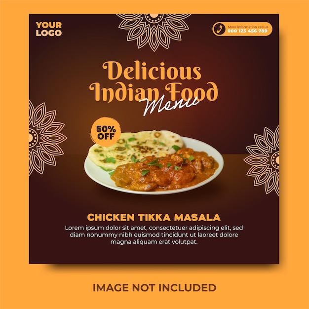 Vektor köstliche indische speisekarte und chicken tikka masala social media post und web-banner-vorlage