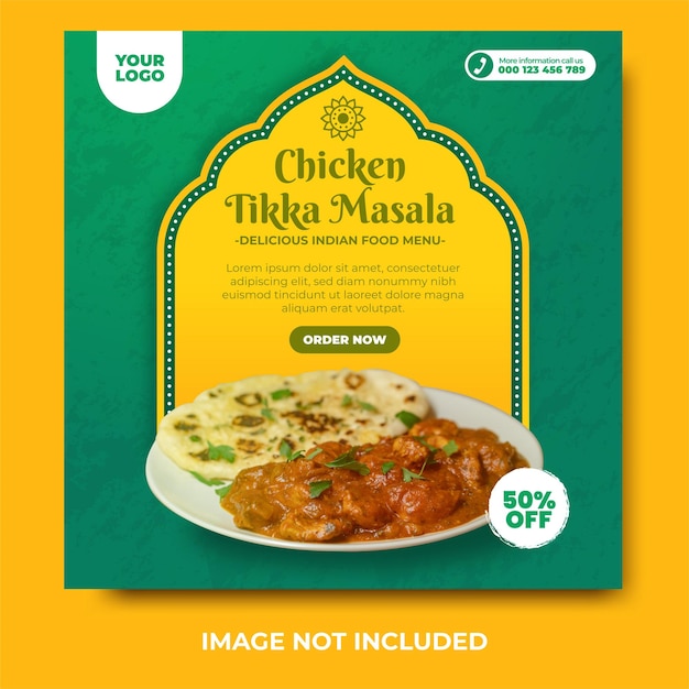 Köstliche indische speisekarte und chicken tikka masala social media post und web-banner-vorlage