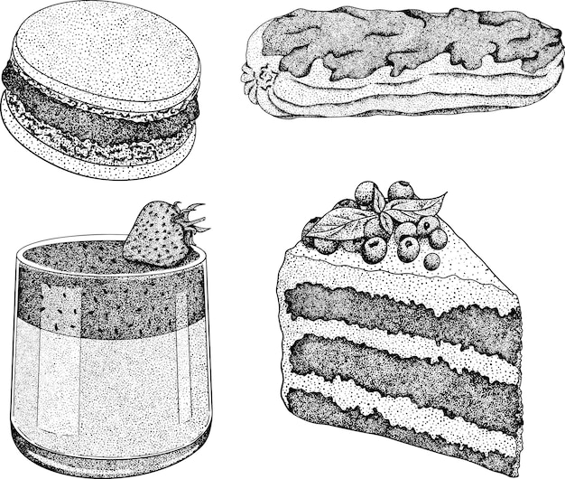 Köstliche Süßigkeiten und Desserts. Handgezeichnete Vektorgrafiken beliebter traditioneller Desserts.