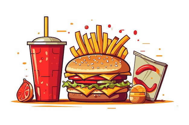 Köstlicher fast-food-snack mit burger-cola und frischem gemüse auf weißem hintergrund, illustration, burger-cola, scharfe und würzige pommes-frites-illustration