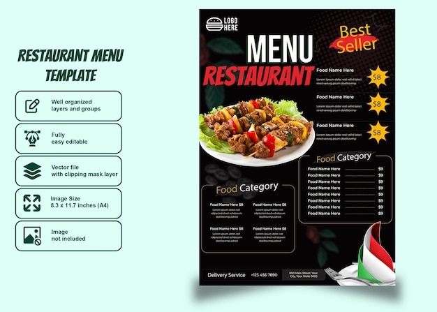 Köstlicher restaurantmenü-flyer und poster für social-media-beitragsvorlage