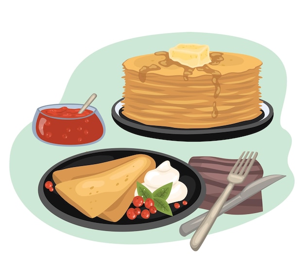 Köstliches, helles Frühstück Ein Stapel Pfannkuchen und ein Pfannkuchenumschlag auf einem Teller mit Beeren und Marmelade Vektorillustration im Cartoon-Stil kann für Menürezeptanwendungen verwendet werden