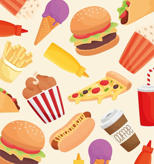 Köstliches musterillustrationsdesign der fast-food-produkte