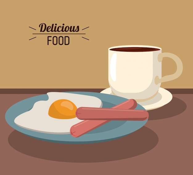 Köstliches nahrungsmittelfrühstück mit fischrogen-eierwürsten und kaffeetasse