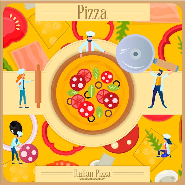 Köstliches pizza-poster winzige leute kleine köche bereiten köstliche pizza-vektorillustration zu