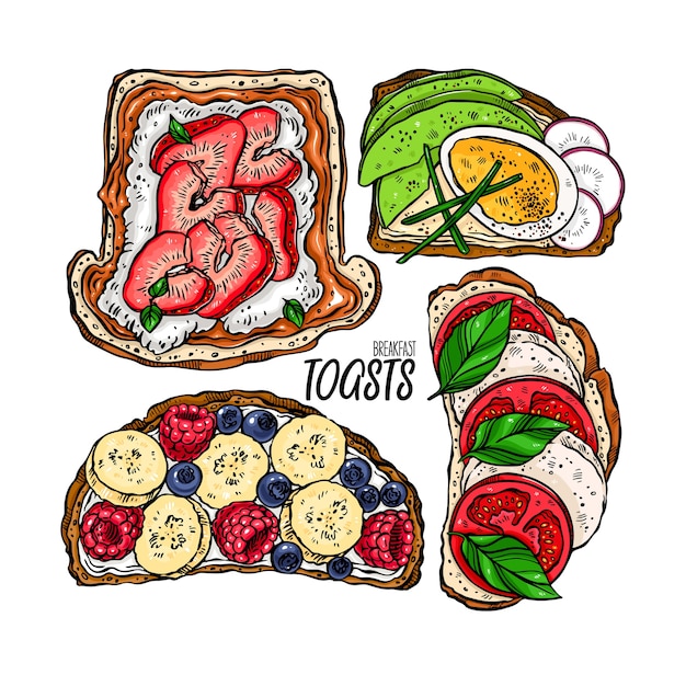 Vektor köstliches set verschiedener frühstückstoasts. handgezeichnete illustration