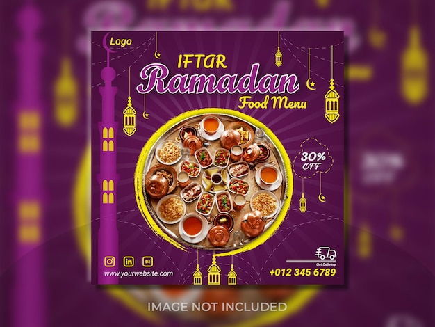 Köstliches spezielles ramadan-speisemenü-banner-design kreative social-media-beitragsvorlage