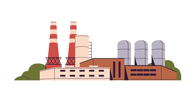 Kohlekraftwerk mit Rohren Bau einer Fertigung mit Schornsteinen Tanks Betonfabrik metallurgische Produktionsfabrik Schwere Industrie Flach isolierte Vektor-Illustration auf Weiß