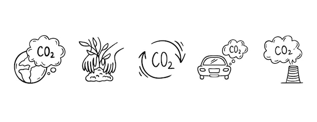 Kohlendioxid CO2 Erdluftverschmutzung Handgezeichnetes Doodle-Symbol Umrisszeichnung CO2-Linie Clipart-Simbol Vektorillustration der Fabrikemissionsgasskizze
