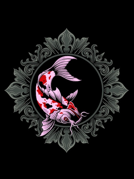 Koi-fisch-illustrator-vektordesign mit graviertem hintergrund, editierbare farbe