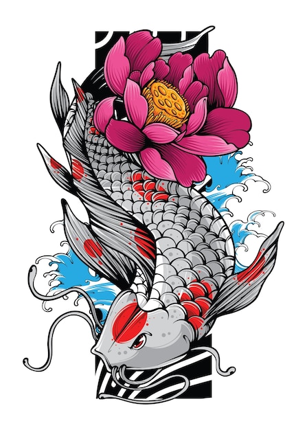 Koi fish mit japanischer welle und blumen im japanischen tattoo-illustrationsstil