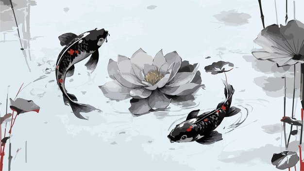 Vektor koi mit lotusblättern tintenmalerei