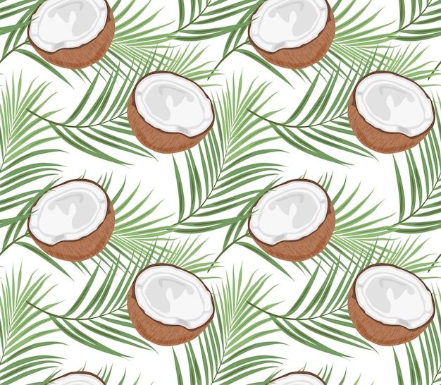 Vektor kokosnuss-hälften auf einem hintergrund aus palmblättern