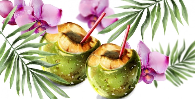 Vektor kokosnusscocktail-tropenkarte. bunte orchideenblumen und kokosnuss trinken heißen exotischen sommer