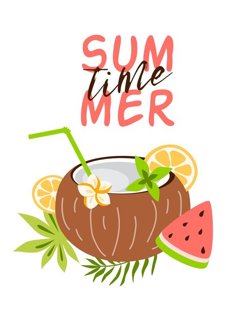 Vektor kokosnusssaft exotischer frischer cocktail in früchten mit plumeria-minzblatt-wassermelone text summer time beach party poster