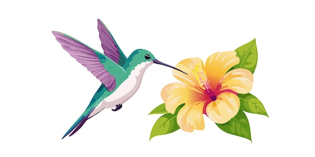 Kolibri nähert sich einer lebendigen gelben Hibiskusblume