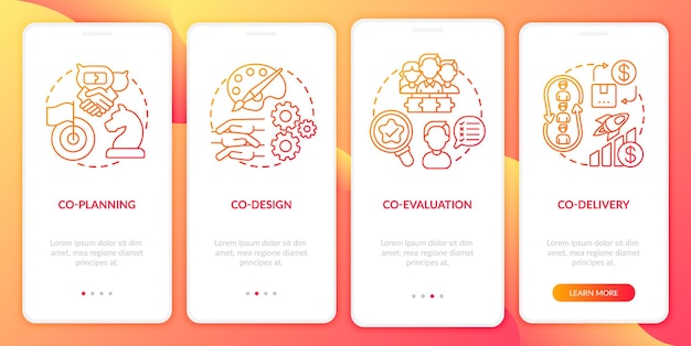 Kollaborative produktion onboarding mobile app seitenbildschirm mit konzepten. co-delivery, co-evaluation - exemplarische vorgehensweise für 4 schritte ui-vorlage mit rgb-farbabbildungen