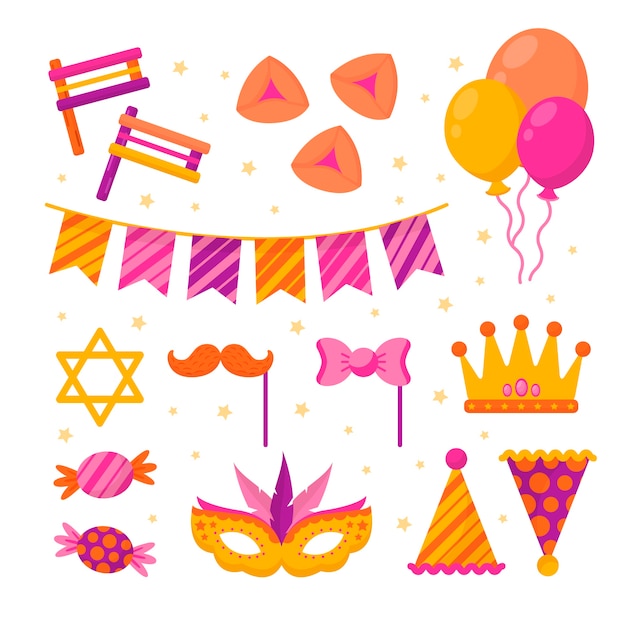 Kollektion flacher Purim-Elemente