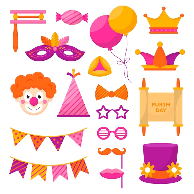 Kollektion flacher Purim-Elemente