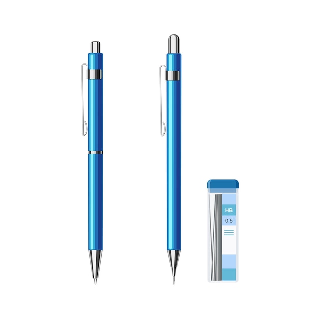 Kollektion schlanker automatik-federkugelschreiber in blauem metallgehäuse und druckbleistift mit bleistiftminen 0,5 hb. flache vektorillustration lokalisiert auf weißem hintergrund