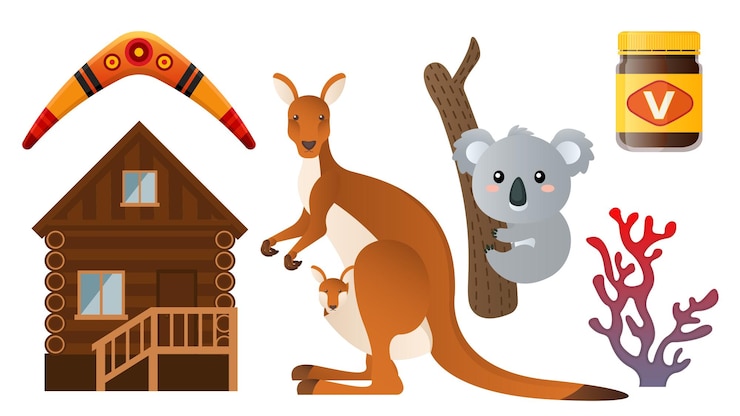 Vektor kollektionsset australischer artikel känguru koala holzhaus koralle vegemite ureinwohner muster bumerang