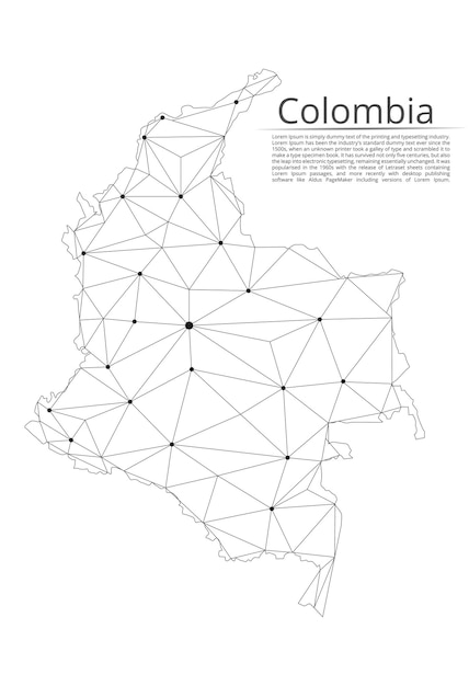 Kolumbien-Kommunikationsnetzkarte Vektor-Low-Poly-Bild einer Weltkarte mit Lichtern in Form von Städten