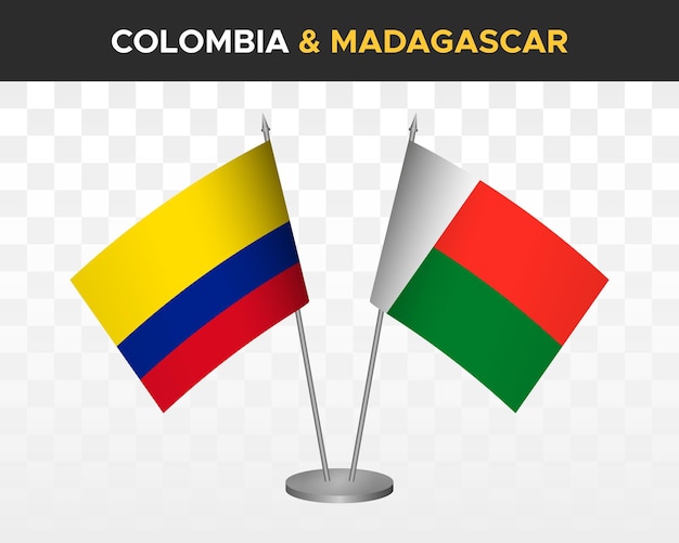 Kolumbien vs madagaskar schreibtischfahnen mockup isoliert 3d-vektorillustration tischfahnen