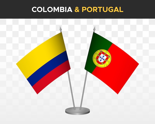 Kolumbien vs portugal tischflaggen mockup isolierte 3d-vektorillustration tischflaggen