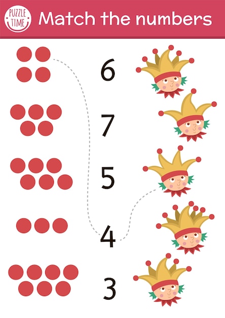 Kombiniere das zahlenspiel mit possenreißer und glocken auf dem hut märchenhafte mathe-aktivität für kinder im vorschulalter