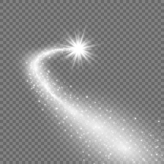 Vektor komet auf transparentem hintergrund. heller stern. sternenhimmel schöner weg. sternschnuppe. kometenschwanz. meteor fliegt. raumobjekt.