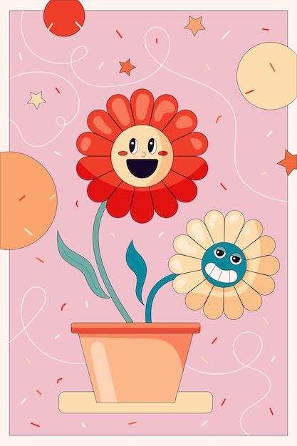 Komische blume im trendigen retro-cartoon-stil lustige blume in einem topfcharakter auf abstraktem hintergrund