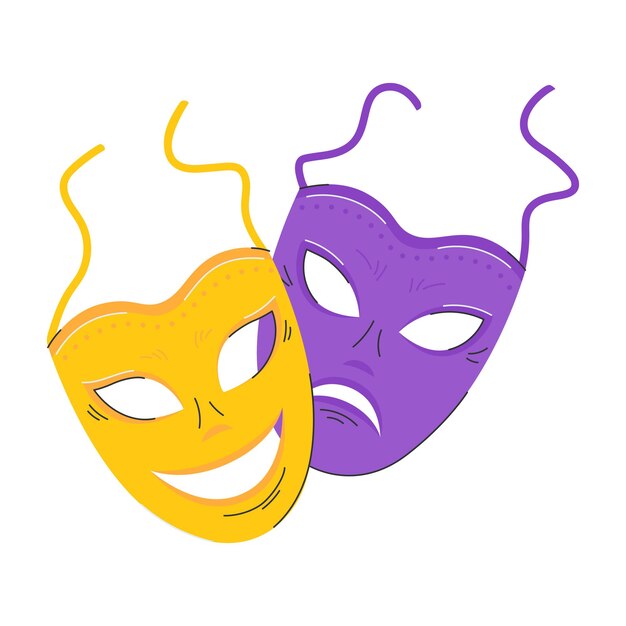 Vektor komische und tragische maskenikone maskerade theatralische masken ein element eines karnevalskostüms das symbol von mardi gras, dem brasilianischen karneval flachvektor-illustration isoliert auf weißem hintergrund