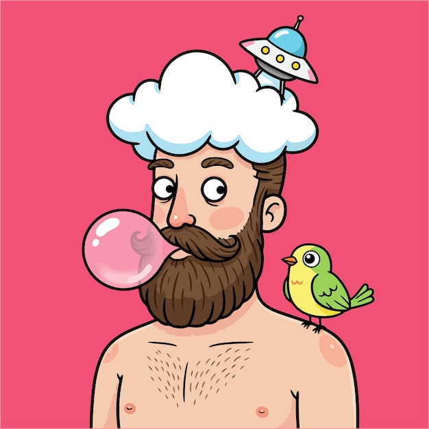 Komischer bärtiger Mann, der mit Wolken und UFOs Blasen bläst