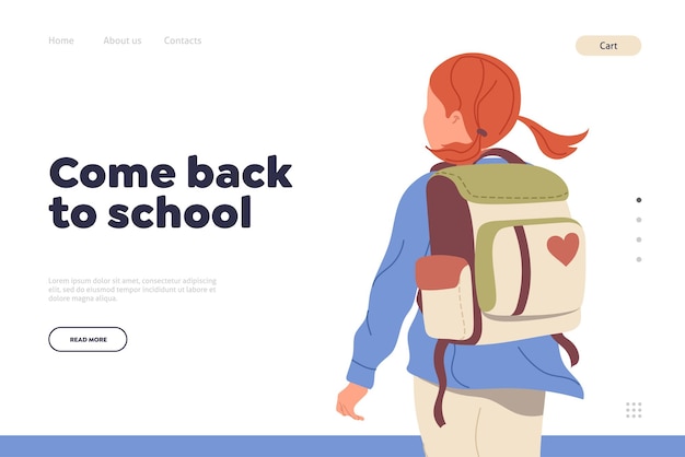 Kommen sie zurück zur schule-landingpage mit einem glücklichen schulmädchen mit rucksack, das durch den unterricht geht, vektorillustrationsdesign. website-layout für einen online-dienst, der bildungszubehör und e-learning-kurse anbietet