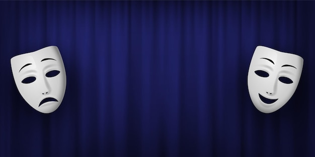 Komödie und Tragödie Theatermaske isoliert auf blauem Vorhang Hintergrund