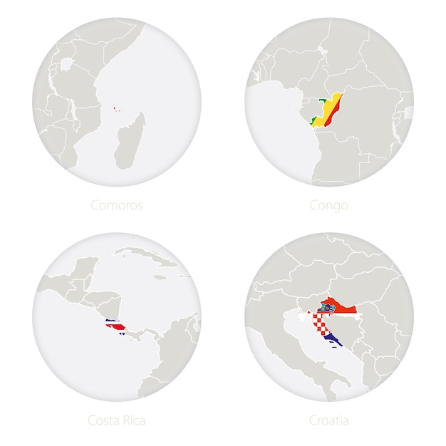 Komoren, kongo, costa rica, kroatien kartenkontur und nationalflagge in einem kreis. vektor-illustration.