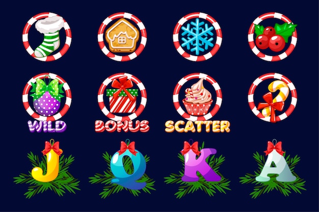 Komplettset weihnachtssymbole für slots. vektorsymbole für casino-slot-spiel auf einer separaten ebene. assets 2d-spiel