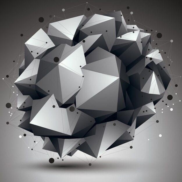 Komplizierte abstrakte Graustufen-3D-Form, digitales Vektorgitterobjekt. Thema Technologie.