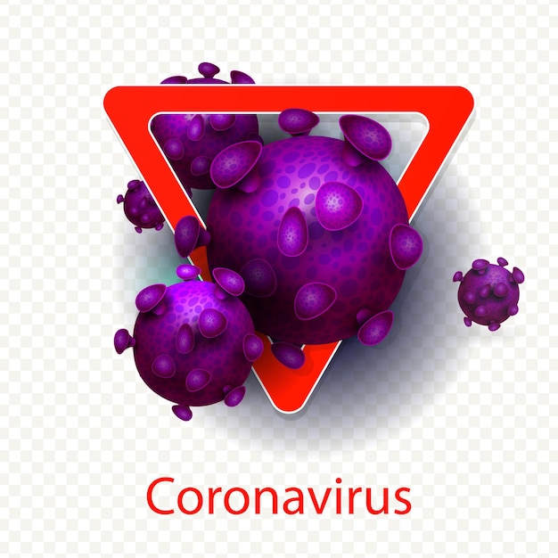Komposition mit dreieckigem rotem Schild und abstrakter Silhouette des Coronavirus-Elements