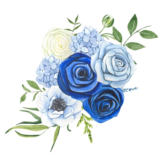 Kompositionen aus blauen rosen und weißen blumen