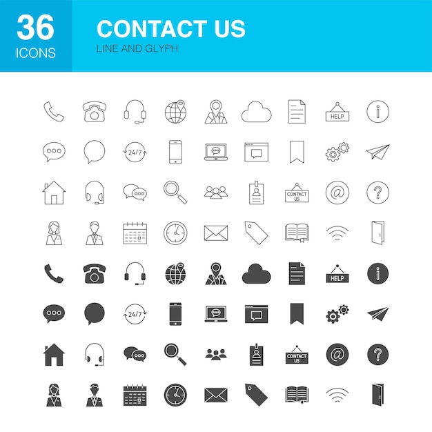 Kontaktieren sie uns line web glyph icons. vektor-illustration von telefonumriss und soliden symbolen.