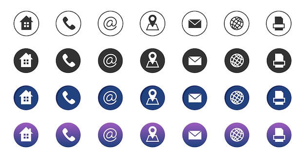 Kontaktsymbole. sammlung von informationsgeschäftskommunikationssymbolen. rufen sie die symbole für internetstandort, adresse, e-mail und fax an. telefonsymbole, internetadresse, e-mail-kontaktabbildung